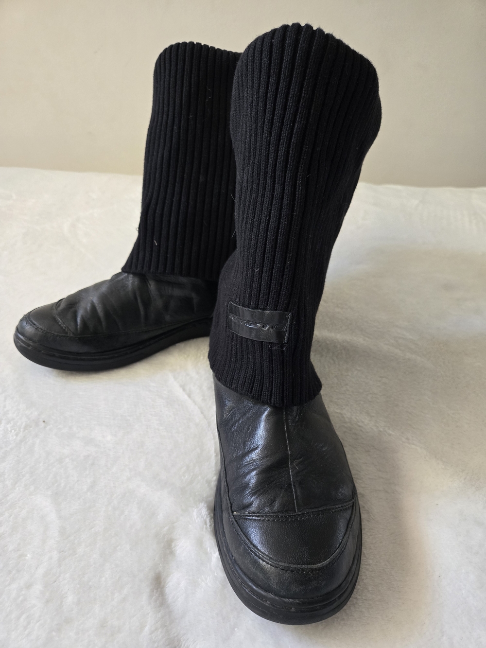 Black Leather Boots With Ribbed Socks for Winter & Rain